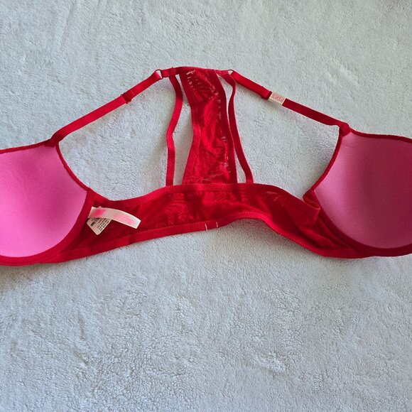NWT VS PINK lightly lined Lace front closure racerback bra 34D Red - Picture 3 of 4